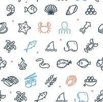 Seafood Sign Color Thin Line Sign Seamless Pattern Background. Vector