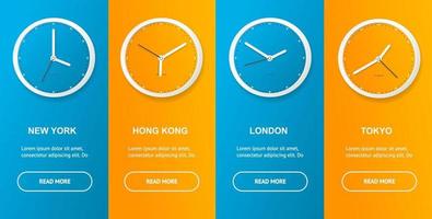 Realistic Detailed 3d Clock Different Time Zone Banner Vertical. Vector