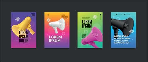 Poster Banner Card with Realistic Detailed 3d Megaphone and Abstract Memphis Style Elements Set. Vector