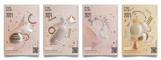 Concept Banner Cards with Realistic 3d Detailed Abstract Geometry Elements. Vector