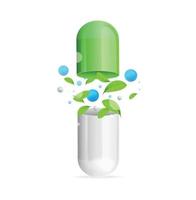 Realistic Detailed 3d Pill With Green Leaf. Vector