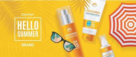 Hello Summer Concept Banner Horizontal with Realistic Detailed 3d Sunscreen. Vector