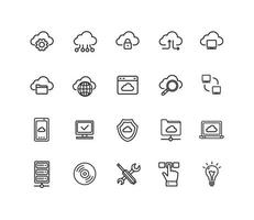 conjunto de iconos de línea delgada de signo de computación en la nube. vector