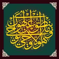 Arabic calligraphy, Quran Surah An Najm Verses 3-4 translated and not what he said the Qur'an according to his will, Nothing but the Qur'an is a revelation that was revealed vector