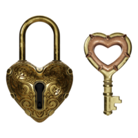 A 3D rendered representation of an antique key set in the form of a golden heart. png