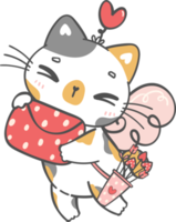 schattig gelukkig Valentijn Cupido liefde grappig calico katje kat tekenfilm tekening hand- tekening png