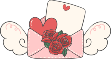 enveloppe de lettre d'amour de la saint-valentin douce romance mignonne avec dessin à la main de dessin animé doodle aile de cupidon png