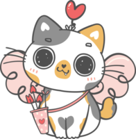 Cute Happy Valentine cupid love funny calico kitten cat cartoon doodle hand drawing png