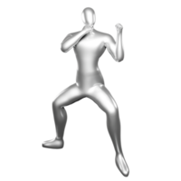 3d silver stickman haciendo movimientos de postura de karate png