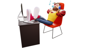 ilustração 3D. personagem de desenho animado 3d menino cansado. o jovem estava exausto e adormeceu no computador. adormeceu com os pés sobre a mesa. personagem de desenho animado 3d png