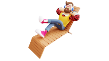 3D illustration. Stylish young man 3D Cartoon Character. Young man relaxing on a lounger. Relaxed young man closing his eyes while listening to music. 3D Cartoon Character png