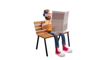 Illustration 3D. personnage de dessin animé 3d de jeune homme occupé. le jeune homme appliqué s'est assis sur une chaise et a lu le journal sérieusement. personnage de dessin animé 3D png