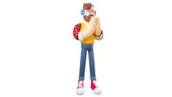 Illustration 3D. sympathique jeune homme personnage de dessin animé 3d. le jeune homme amical sourit et joignit ses mains. personnage de dessin animé 3D png