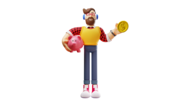 ilustração 3D. jovem diligente personagem de desenho animado 3d. o jovem é diligente em economizar com um cofrinho. o jovem é diligente em mostrar as moedas que economizou. personagem de desenho animado 3D png