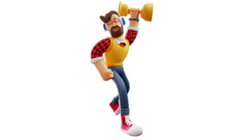 3D illustration. Great young man 3D Cartoon Character. The youth won the race. Great young man lifting cup and smiling happily. 3D Cartoon Character png