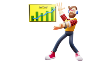 3D illustration. Successful Businessman 3D Cartoon Character. Successful businessman standing near board showing his earnings. Successful businessman explaining about income. 3D Cartoon Character png