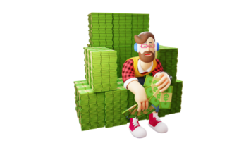 Illustration 3D. personnage de dessin animé 3d riche jeune homme. riche jeune homme assis sur une pile d'argent. élégant jeune homme riche tenant beaucoup d'argent. personnage de dessin animé 3D png