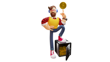 3D illustration. Rich young man 3D Cartoon Character. The rich young man put one foot on the safe filled with gold. The rich youth raised the gold coin. Young man smiling happily. 3D Cartoon Character png