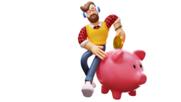 3D illustration. Diligent young man 3D Cartoon Character. The diligent young man sits on a large piggy bank. Diligent young man happily puts coins in his piggy bank. 3D Cartoon Character png