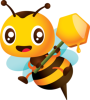 Cartoon cute winking eye bee with two hands holding honey comb shaped signage. Honey dripping from honey comb illustration png