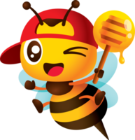 abeja linda de dibujos animados con gorra roja que sostiene un cucharón de miel con ilustración de personaje que gotea miel