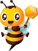 Cartoon cute smiling bee cartoon with big eyes holding empty honey comb sign. Bee character open legs wider png