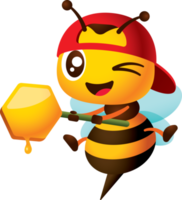 caricatura linda abeja guiñando el ojo con gorra roja con la mano sosteniendo carteles en forma de peine de miel. miel goteando de la ilustración de panal de miel png
