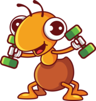 hormiga linda de dibujos animados haciendo ejercicio físico con ilustración de personaje de mancuernas png