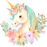 Cute Watercolor Magic Unicorn with Flowers png