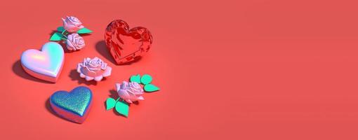 brillante ilustración 3d de forma de corazón, diamante y flor para banner y fondo foto