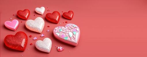 Valentine's Day 3D Heart Illustration Objects and Crystal Diamond Background Design photo