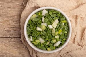 Sliced spring onions in a white cup photo