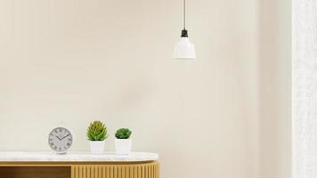 3D rendering White Clock, Cactus Placed on Wood Cabinet in Livin photo