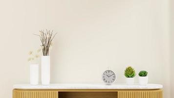 Florero de cerámica blanca de flor seca de renderizado 3d, reloj blanco, cactu foto