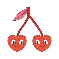 Vector funny couple of cherries in form of hearts in retro style. Y2k smiling red cherries sticker. Happy Valentines day. Love illustration in flat design. Two 70s happy berries in shape of hearts.