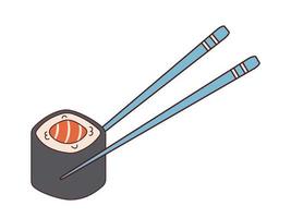 Vector maki sushi and chopsticks in retro style. Wooden chopsticks hold sushi roll with salmon fish.