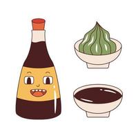 Vector set with soy sauce maskot, wasabi and soy sauce in sauce boat. Asian sauce collection in retro style.