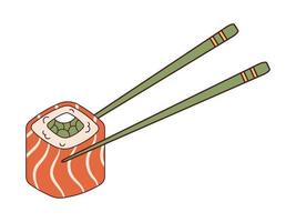 Vector philadelphia sushi and chopsticks in retro style. Wooden chopsticks hold sushi roll.