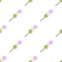 Vector seamless pattern with pink, white and green dango. White background with japanese traditional dessert with 3 different colors. Hanami Dango. Asian food.