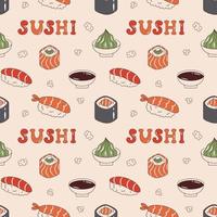 Vector seamless pattern with sushi, soy sauce, wasabi and sushi text in retro style. Maki sushi, sake nigiri, philadelphia roll and ebi nigiri. Background with japanese food 70s.