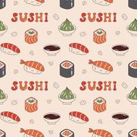 patrón vectorial sin costuras con sushi, salsa de soja, wasabi y texto de sushi en estilo retro. maki sushi, sake nigiri, philadelphia roll y ebi nigiri. fondo con comida japonesa 70s. vector