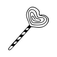 Hand drawn doodle heart spiral candy. Vector cute lollipop. Outline.