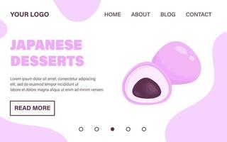 Vector pink mochi with azuki bean paste. Landing page web template. Website design. Japanese dessert.