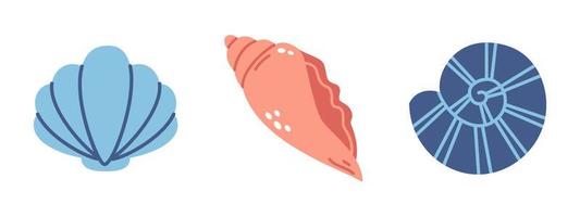 Vector seashell set in flat design. Spiral seashell and scallop seashell. Marine life.