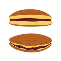 panqueques vectoriales japoneses enteros y medio dorayaki con pasta de frijol azuki marrón. postre tradicional japonés. comida asiática. vector