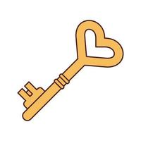 Vector heart shaped key in retro style. Gold key y2k. Happy Valentines day 70s.