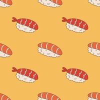 Vector seamless pattern with ebi nigiri and sake sushi in retro style. Sushi on yellow background 70s. Groovy asian food.