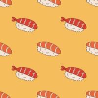 Vector seamless pattern with ebi nigiri and sake sushi in retro style. Sushi on yellow background 70s. Groovy asian food.