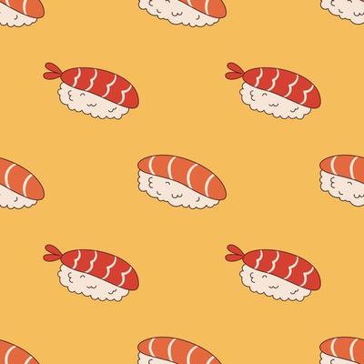 Vector seamless pattern with ebi nigiri and sake sushi in retro style. Sushi on yellow background 70s. Groovy asian food.