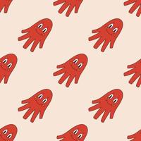 Vector seamless pattern with sausage octopus in retro style. Background with octopus mascot 70s. Groovy asian food.